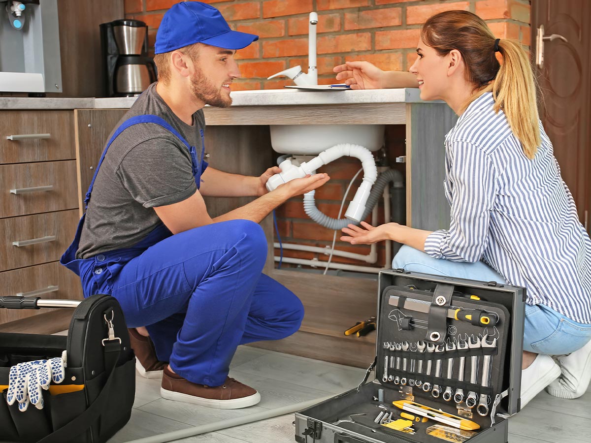 a plumber working on a sink and chatting with a client