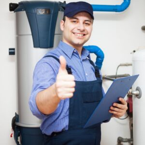 a plumber with a clipboard giving a thumbs up