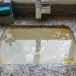 a clogged sink full of water